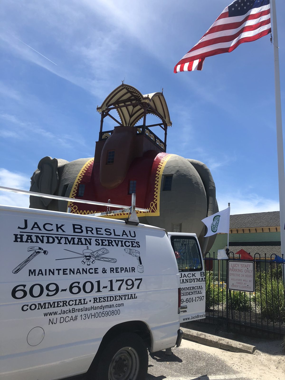 Jack's work van parked by Lucy the Elephant in Margate