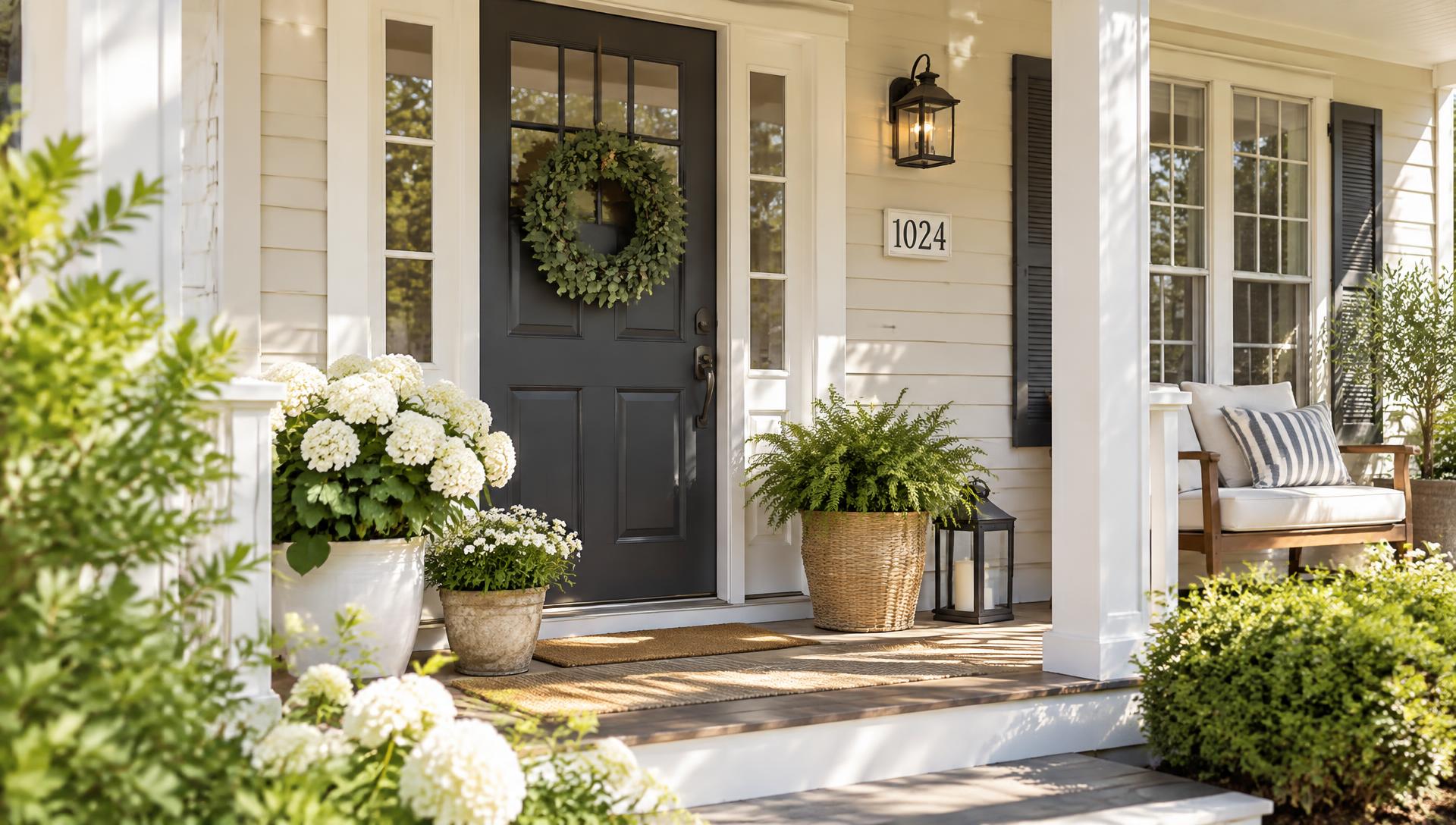 Sunlit front porch of a well-kept family home with flowers and a painted entry door